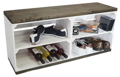 Produktbild von Sitzbank weiss  mit Sitzfläche aus dicken schwarzen Holzplanken