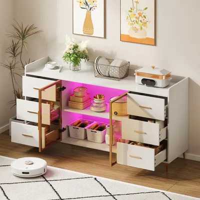Produktbild von STILVORA Sideboard mit LED-Licht und 2 Glastüren,Küchenschrank mit 6 Schubladen und goldene Metallgriffe,Beistellschrank für Küche,Wohnzimmer&chlafzimmer,Weiß