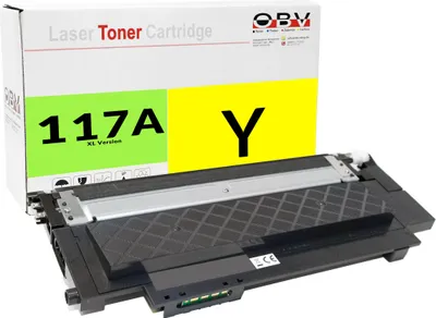A yellow toner cartridge and its packaging.