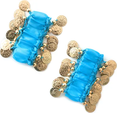Produktbild von Belly Dance Handkette Armband Handschmuck Fasching Tanzen Bauchtanzen Handgelenk Manschette Verkleidung Armbänder mit goldfarbenen Münzen (Paar) in hellblau