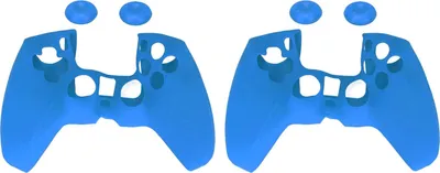 Two blue silicone controller shells and two blue joystick caps are shown against a white background.