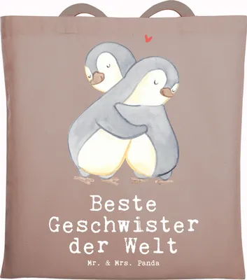 Produktbild von Mr. & Mrs. Panda Schultasche Pinguin Beste Geschwister der Welt - Braun Pastell - Geschenk, Tote Bag, Geburtstag, Brüder, Geschenkidee, Jutebeutel, Schwester, Bruder