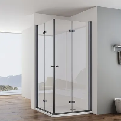 Produktbild von IMPTS Duschkabine Eckeinstieg 90x90cm Mattschwarz Dusche 180º Falttür Duschabtrennung Duschwand 6mm ESG Glas Eckdushe Höhe 185cm,OHNE Duschtasse