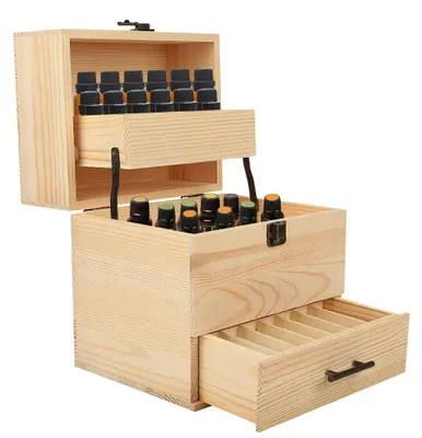 Produktbild von Aufbewahrungsbox für ätherische Öle - Holzkiste - 59 Fächer - 3 Ebenen - 19 x 22 cm - Blau