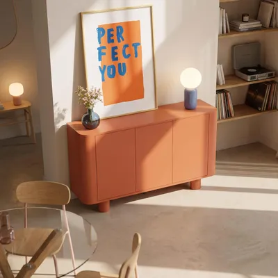 Immagine prodotto di Credenza moderna rettangolare a 3 ante, larga 120 cm, arancione - Oviala Dario