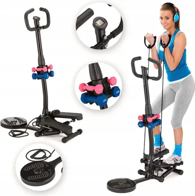 Collage of images showing a stepper fitness machine and a woman using it.