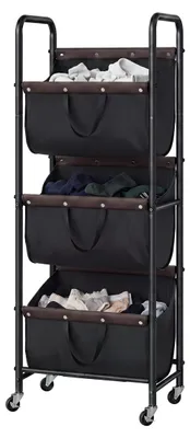 Image de Panier à linge à roulettes - Trois compartiments - 120 L - Noir - Pour salle de bain et chambre