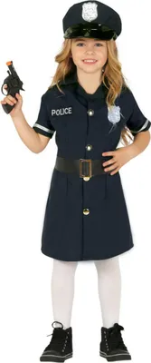 A young girl dressed as a police officer, holding a toy gun.