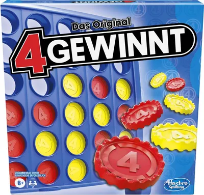 The image shows the packaging of the board game '4 Gewinnt' (Connect 4). The front of the box displays the game board with red and yellow discs, along with the game's title and branding.