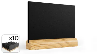 A set of mini chalkboards with wooden stands, with a small inset showing a stack of ten chalkboards.