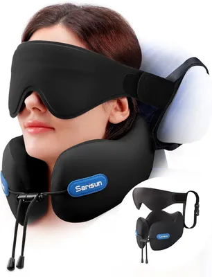 Produktbild von Nackenkissen, Memory-Schaum, schwarz, mit 3D-Schlafmaske und Gurt, für Flugzeug
