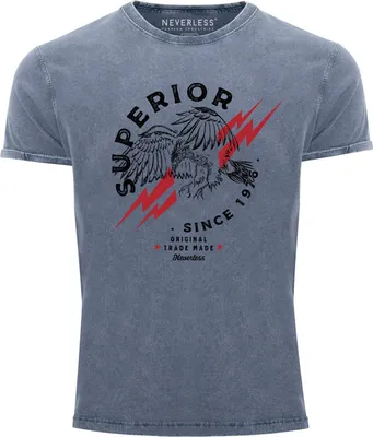 Produktbild von Neverless® Herren T-Shirt Vintage Shirt Printshirt Superior Eagle Since 1976 Aufdruck Adler Print Used Look Slim Fit blau M