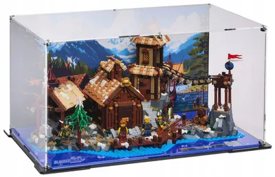 Productafbeelding van Zwarte displayvitrine met bedrukte achterwand voor LEGO® 21343 Ideas – Vikingsdorp