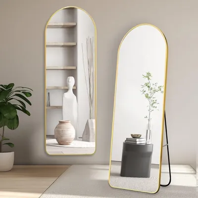 Image de Miroir sur pied - Miroir pleine longueur avec support, 146 x 45 cm, cadre en métal doré, idéal pour le salon et la chambre