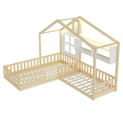 Image de OKWISH Lit Enfant 90x200 cm - Lit Maison avec Fenêtre, Cheminée et Rangement Intégré, Barrières de Sécurité, Bois Naturel - Sans Matelas