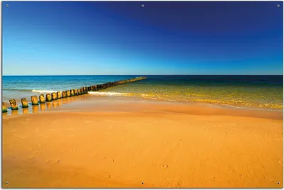 Produktbild von Wallario Outdoor-Poster für Garten oder Balkon, Motiv Sandstrand in orange - Blaues Meer - Blauer Himmel, in ca. 61 x 91,50 cm