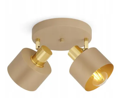 A beige and gold ceiling light with two adjustable spotlights.