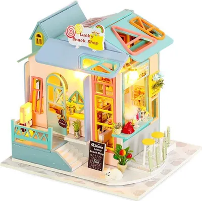 Produktbild von Habarri | Miniaturhaus - DIY-Puppenhaus - Holzhaus mit Möbeln und LED-Beleuchtung - Geschenk für Kinder - Bonbonwelt