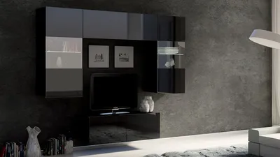 Produktbild von Wohnwand CALABRINI-10 Wohnzimmer-Set Hängewohnwand Schrankwand mit LED-Beleuchtung TV-Schrank Vitrine Moderne Anbauwand Hochglanz (Schwarz Hochglanz)