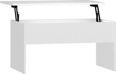 A white lift-top coffee table is shown from a front-side angle, with the top mechanism slightly raised.