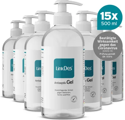 Produktbild von LinkDes® Antiseptik Gel (15x 500 ml), Desinfektionsgel für Hände,  getestet, begrenzt viruzid EN 14476, VAH gelistet