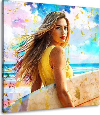 Produktbild von Surferin am Strand Leinwandbild Wandbild Kunstdruck XL Wanddeko: 120x120x4cm