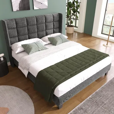 Productafbeelding van Gestoffeerd bed van 140x200 cm met een gestoffeerd hoofdeinde, tweepersoonsbed met lattenbodem, grijs bed van linnen, zonder matras, voor de slaapkamer