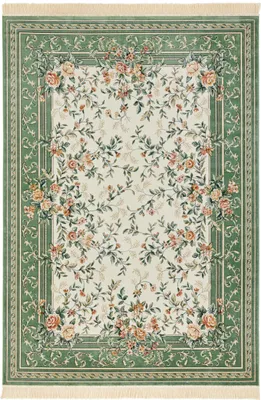 A top-down view of a rectangular rug with a floral pattern.