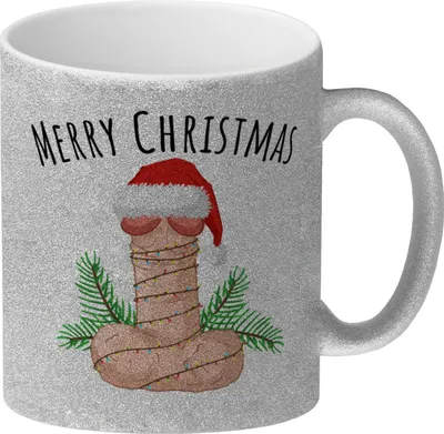 Produktbild von Merry Christmas Penis mit Weihnachtsmütze Glitzer-Kaffeebecher