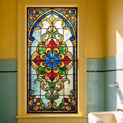 Produktbild von Raamfolie mit Blumenmuster – Buntglasfolie – Statische Fensteraufkleber – Selbstklebend, ohne Klebstoff – Wiederverwendbar