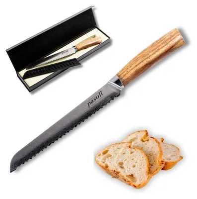 Produktbild von pasoli Damast Brotmesser 20 cm - hochwertiger Damaszenerstahl mit VG10 Kern