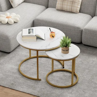 Immagine prodotto di Set di tavolini laterali rotondi, 2 pezzi, tavolino da divano in legno e metallo, bianco e oro, dimensioni 60x45 cm e 40x40 cm