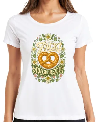 Productafbeelding van Zack! Opgeklopt pretzel-motief, Edelweiß, traditionele Beierse kleding, lederen broek, dirndl, dames T-shirt, wit, maat M