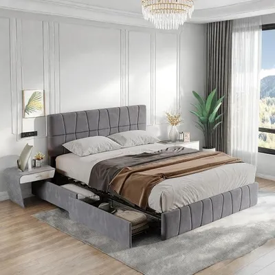 Productafbeelding van Bed met opbergruimte, 160x200 cm, met 4 lades, bekleed tweepersoonsbed met verstelbaar hoofdeinde, jeugdbed met opbergruimte en lattenbodem, multifunctioneel bedframe, fluweel (grijs fluweel, 160x200 cm)
