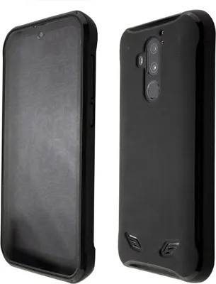 Two views of a black phone case, one showing the front and the other showing the back.