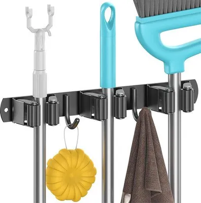 Zdjęcie produktu dla Ibenzoa® Uchwyt ścienny na miotłę ze stali nierdzewnej, 32 cm – 3 zaciski do rolek i 2 haczyki, samoprzylepny lub do montażu śrubowego, do 3 kg na jeden zacisk