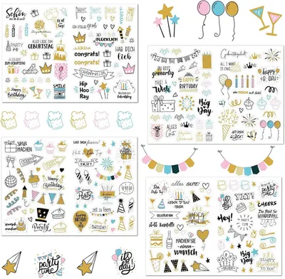 Immagine prodotto di Adesivi per compleanno, oltre 225 modelli, 4 fogli, per scrapbooking