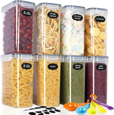 Image de Ensemble de 8 boîtes de conservation hermétiques Ibenzoa® – 16 litres, transparentes et empilables, en plastique sans BPA, comprenant 12 étiquettes, 5 cuillères doseuses et un marqueur