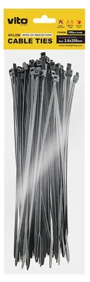 Productafbeelding van VITO Kabelbinder 3.6x250mm - Zwart - Met UV-bescherming - 100 stuks - duurzame Kabelklem - Voor buitengebruik en langdurige bevestiging
