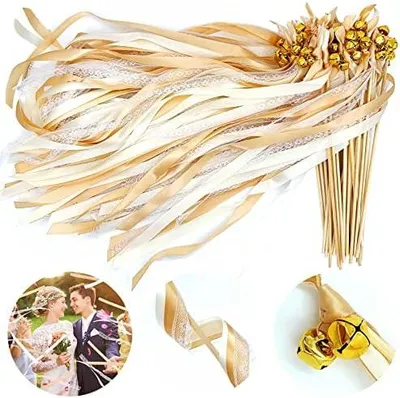 Produktbild von Wedding Wands,50 Stück Stäbe mit 100 Groß Glöckchen und 150 Hochzeitsbändern,Seidenfeenstab,Gastgeschenke für Partys,Zauberstäbe Hochzeit Luftschlangen,für Hochzeiten,Geburtstage,Feiertagsfeiern