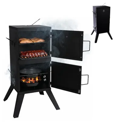 Obrázok produktu pre Relaxdays Udiaca pec, mäso a ryby, 2 úrovne, teplomer, drevené uhlie, VxŠxH: 108,5x57x56 cm, oceľ, udiaca pec, čierna