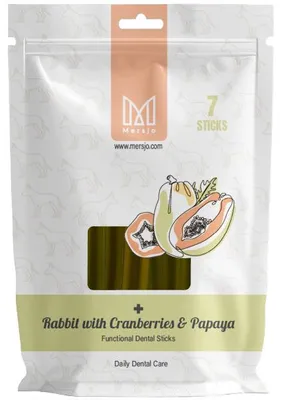 Produktbild von Mersjo Dental Sticks – Zahnpflege-Snacks für Hunde – Kaninchengeschmack mit Papaya und Cranberries (7 Stück)
