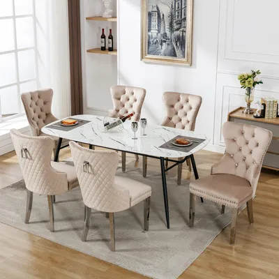 Immagine prodotto di okwish, set di 6 sedie da pranzo, ideali per la cucina, l'ufficio o la zona relax. Sedie imbottite con gambe in metallo e rivestimento in velluto (beige con motivo a chiodini)