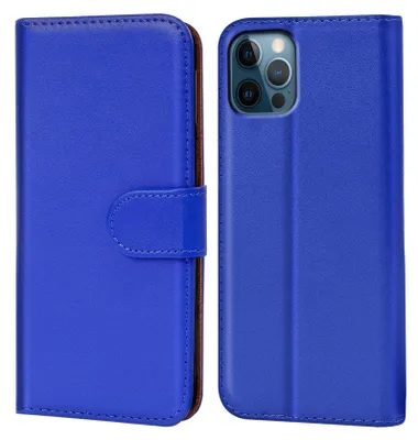 A blue flip case for a smartphone is shown from the front and back.
