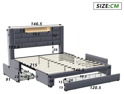 Image de Lit avec sommier tapissé de velours - Lit avec espace de rangement 140 x 200 cm - Tiroirs intégrés - Tête de lit avec espace de rangement - Éclairage LED - Ports de chargement USB - Sommier à lattes - Gris