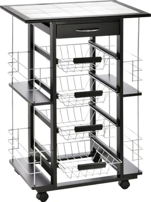 Image de HOMCOM Chariot de service desserte de cuisine à roulettes multi-rangements 4 paniers métal tiroir + 4 range-bouteilles bois pin noir plateau carrelé blanc