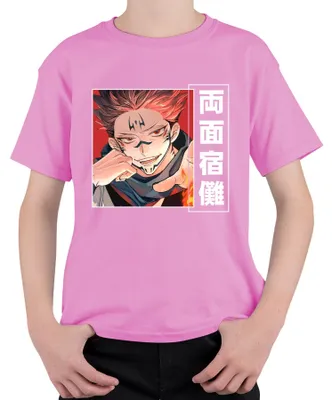 Imagen del producto de Camiseta uni para niños, diseño de Jujutsu Kaisen, con la imagen de Ryomen Sukuna (Demonio), estilo anime, manga, llama. Color rosa, talla 116