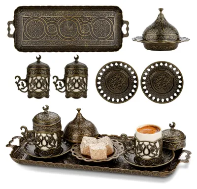Produktbild von Türkisches, griechisches und arabisches Espresso-Kaffeetassen-Set mit Untertasse und Deckel (2er Set)