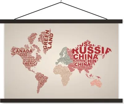 Produktbild von MuchoWow® Textilposter Weltkarte - Buchstaben - Farben 60x40 cm mit schwarzem Rahmen - Hölzernes