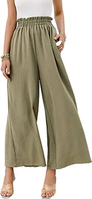 Image de ASKSA Femmes Pantalon d'été Taille Haute Pantalon Large Jupe Plissée Pantalon d'été Pantalon de loisirs avec poche, Vert, M